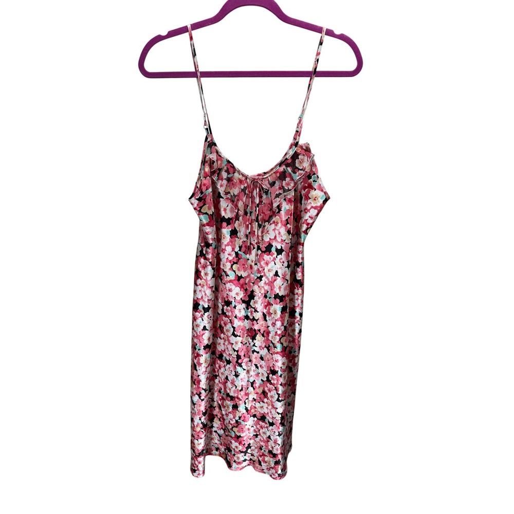 Morgan Taylor Intimates Nightgown Womens L Pink Floral Satin Ruffle Chemise Slip